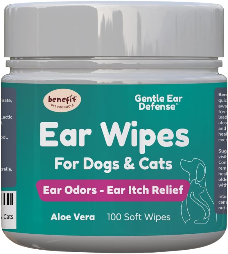 Benefit Pet Products Dog Ear Wipes - Ear Cleaner för hundar att förebygga infektioner, Itching & Odor - Aloe & Eucalyptus, Grooming Wipes - 100 Count