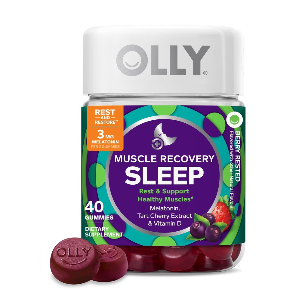 Olly lihasten Recovery Sleep Gummies, Nukkua ja Sure lihasten tuki, 3 mg melatoniinia, Tart Cherry, D-vitamiinia, Berry Flavor - 40