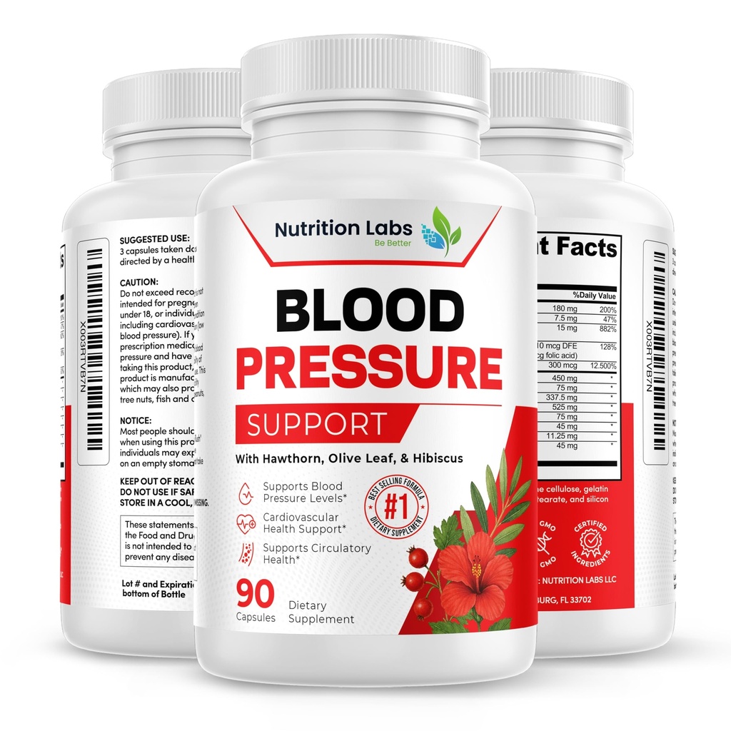 Blodtrycksstöd och hjärthälsokardiovaskulärt tillskott W/Hawthorn, Hibiscus. Nitric Oxide Support för normalt blodtryck stöd W/Vitamin B12 & Folic Acid. Garlic Supplements. 90 CT