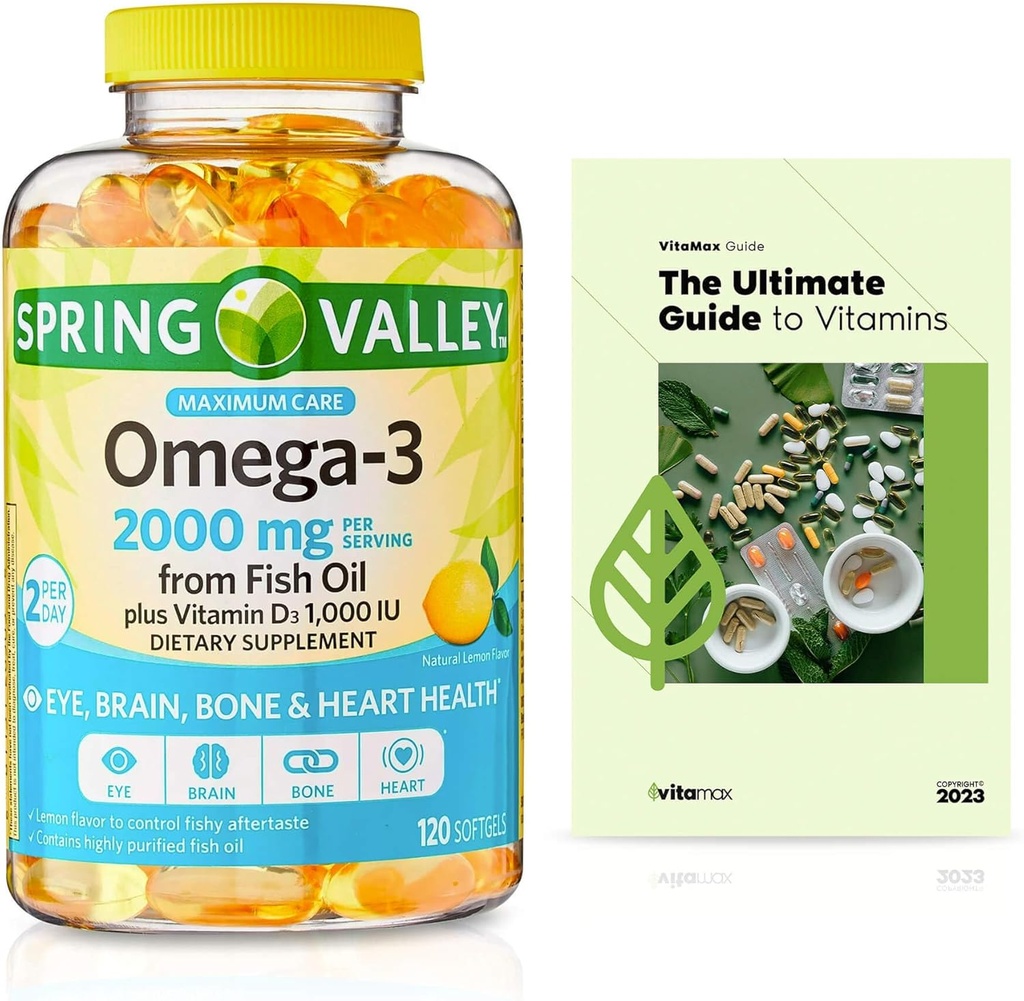 Spring Valley Omega-3 alkaen Fish Oil 2000 mg, Maximum Care, 120 Count + Exclusive VitaMax Vitamin Guide (2 tuotetta)