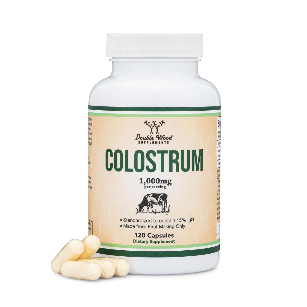 Colostrum Supplement 120 kapselia, 1000 mg per tarjoilu (Bovine Colostrum Powder alkaen First Lypsäminen Only, Std. sisältää 15% IgG Immunoglobuliinit) Ei Fillers, Kolmas osapuoli Tested by Double Wood