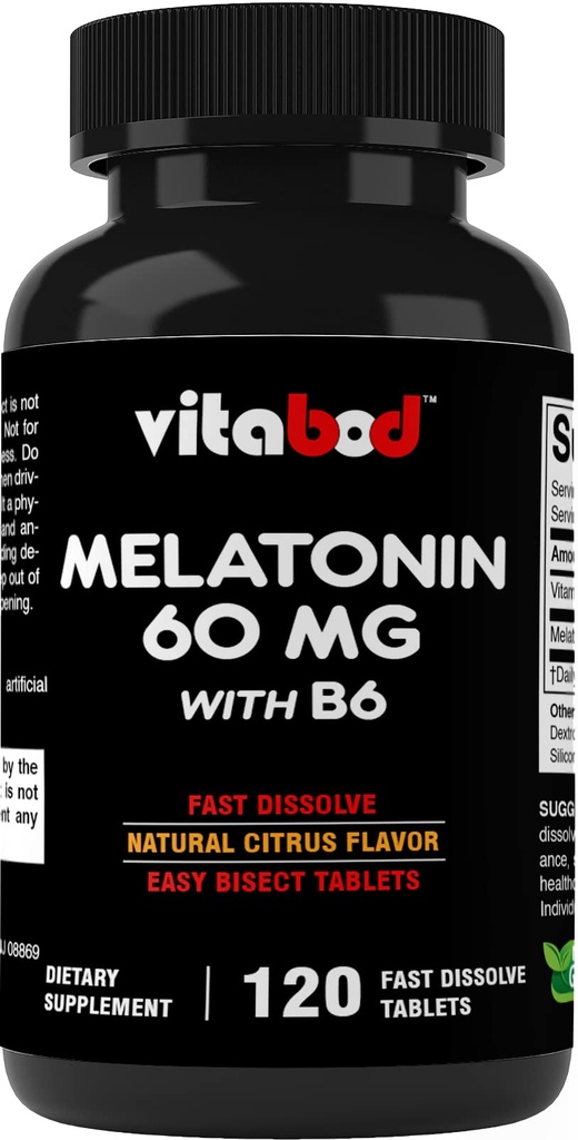 Melatoniini 60 mg yhdessä B6-vitamiinin kanssa 120 nopeasti liuotettavaa tablettia Ekstra- vahvuus unituki 