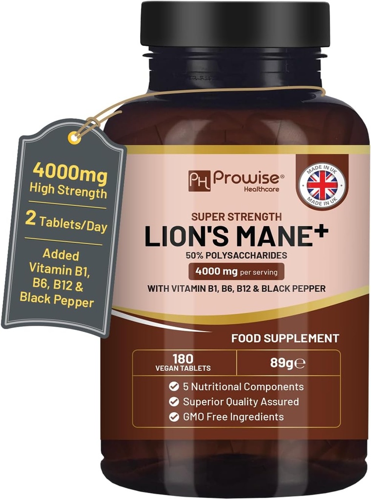 Lions Mane Mushroom Supplement 4000mg med vitamin B1, B6, B12 & Black Pepper - 180 Super Strength Vegan tabletter med 50% Polysaccharides (Inte pulver eller kapslar) | Made in the UK av Prowise