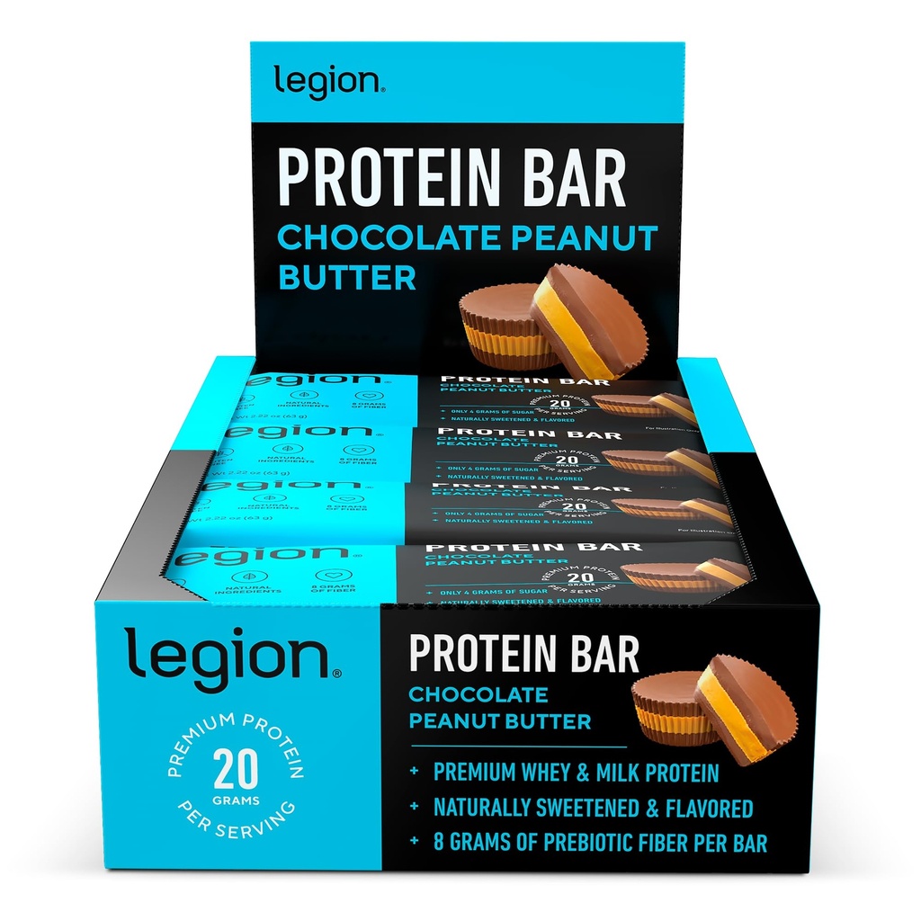 Legion Protein Bar Chocolate Peanut Butter -100% Whey Protein, Paistettu Bars prebioottikuitua - Korkea proteiini (20g) Alhainen rasva (12g) Matala sokeri (4g), Ei soijaa, Gluteenittomia makuja (12 kreivi)
