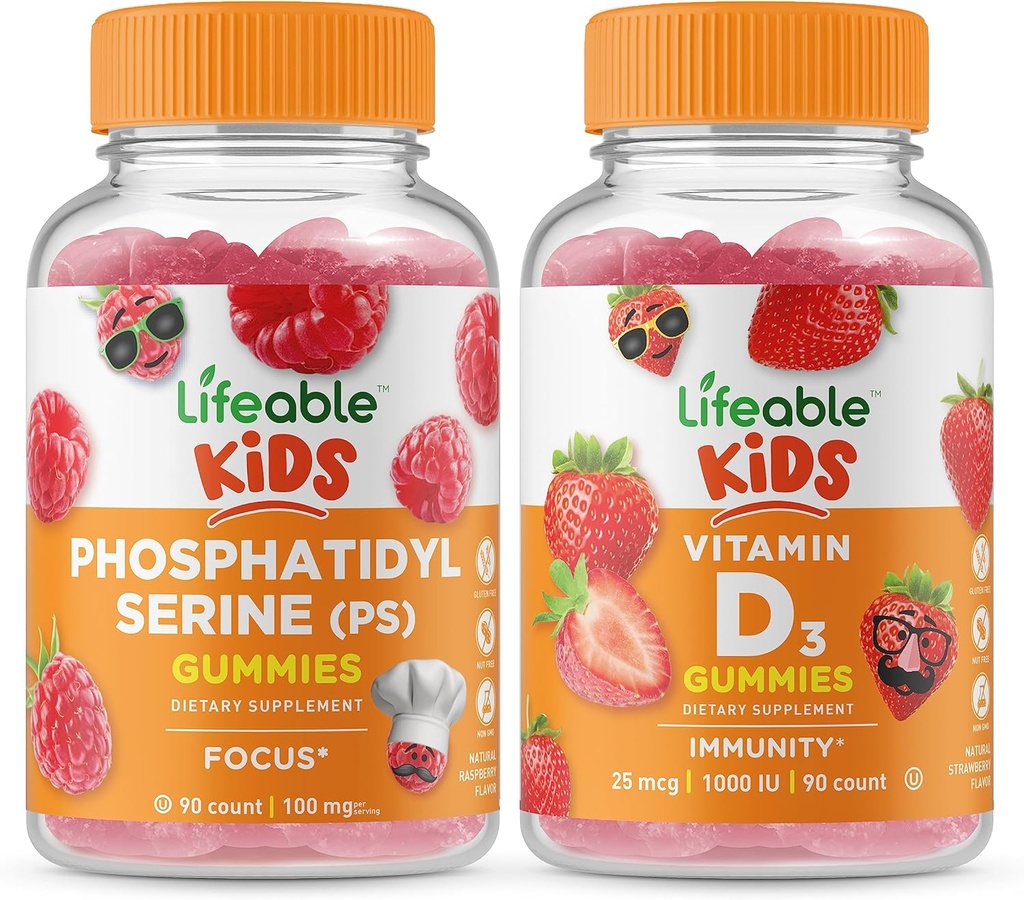 Elinkelpoinen fosfatidyyliseriini (PS) Lapset + D-vitamiinin lapset, Gummies Bundle - Suuri kastike, vitamiini täydentää, gluteeniton, GMO-vapaa, purukumi