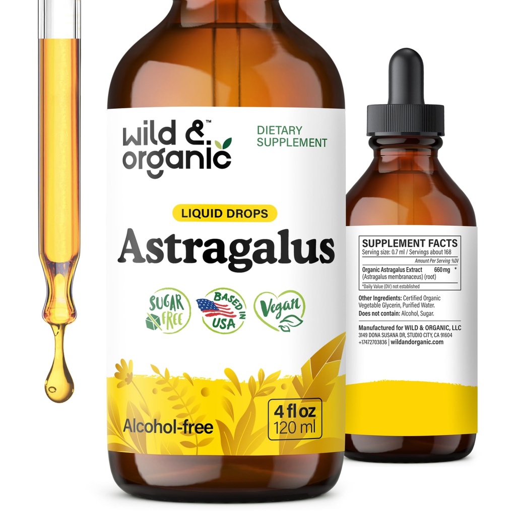 Wild & Organic Astragalus Tincture - Immunosupport Supplement w/Astragalus Root Extract - Vegan Tincture for Immuniteetti - Sokerin ja alkoholin vapaa pudotukset - 4 fl oz