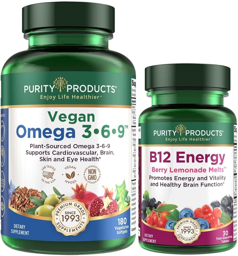 Puhtaus Tuotteet Bundle - Vegan Omega 3-6-9 (180 ct) + B-12 Energy Sulata Omega 3-6-9 (