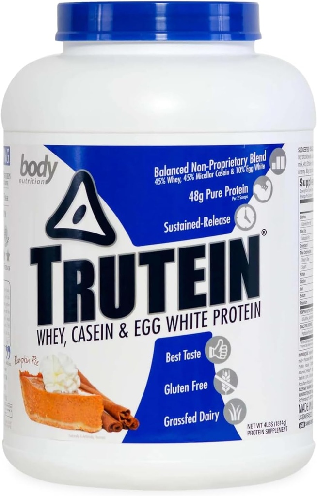 Body Nutrition Trutein High Protein Powder: 45% Whey, 45% Kaseiini, 10% Muna White, Gluteeniton, Matala natrium, Ruoho Fed Whey Protein Powder, Kuntosali Supplement & Breakfast Shake, Kurpitsapiiras, 4lb