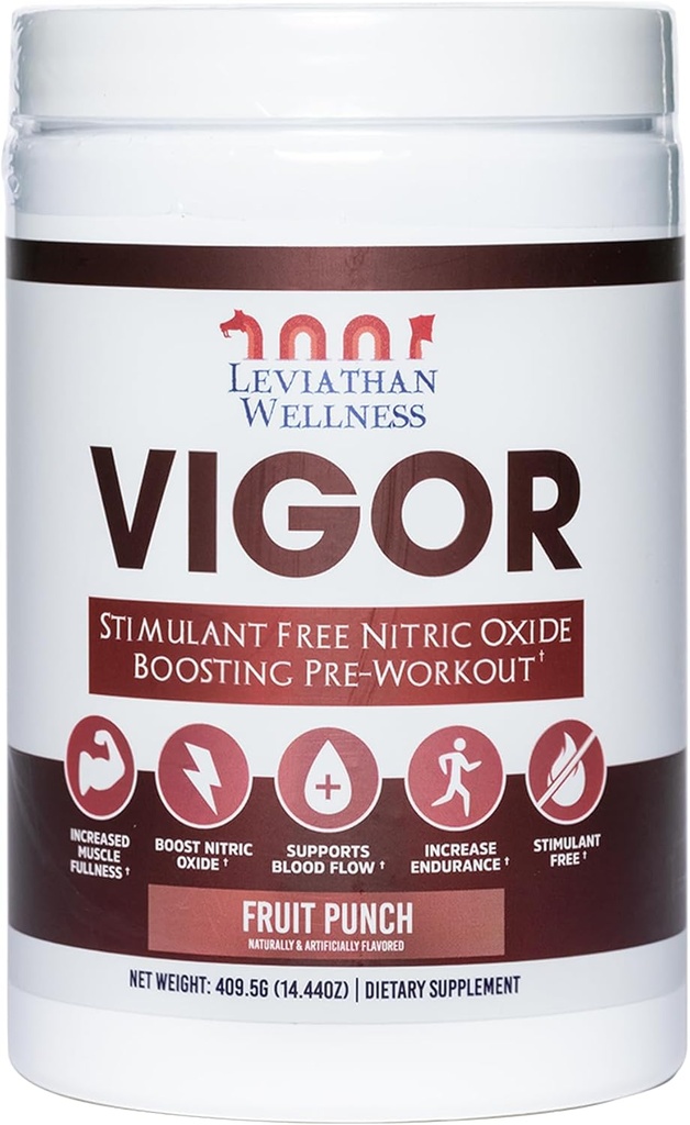 Vigor - Stimulant-Free Nitric Oxide Pre-Workout Powder | L-Citrulline (5000mg), Malic Acid (2000mg), GlycerPump (1500mg) | Fruit Punch | 30 portioner, 13,86g | Made in the USA