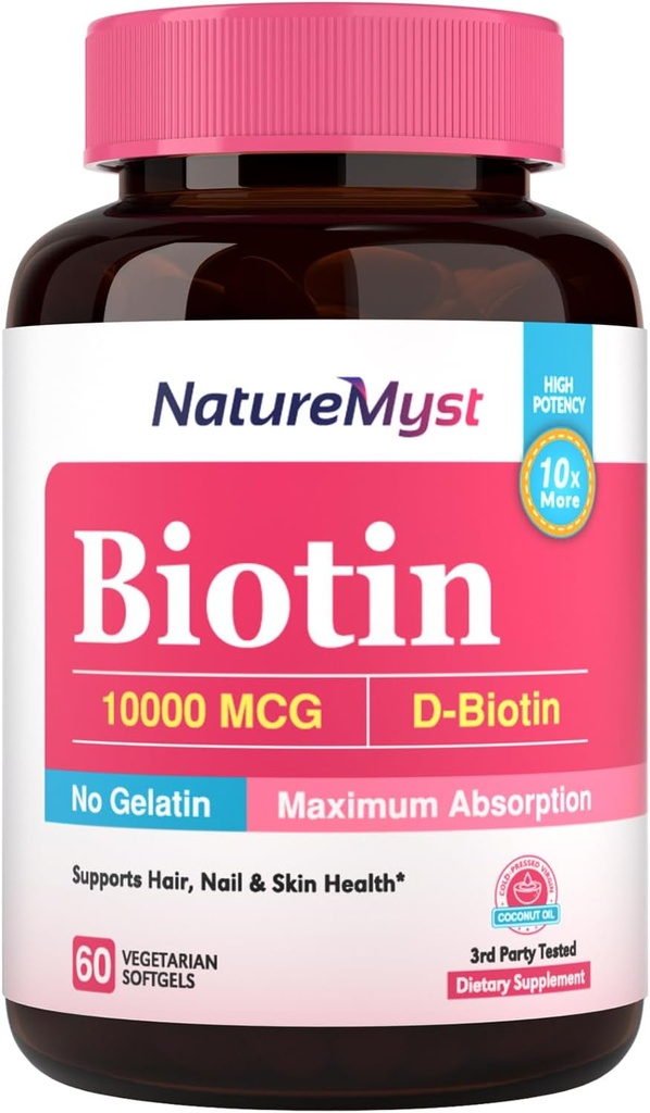 Biotiini 10000 mikrog, korkea teho, biologisesti aktiivinen, kylmäpaineinen kookosöljy maksimaalisen imeytymisen, ei liivate, hiukset, kynnet, iho, 60 kasvissyöjä Softgels