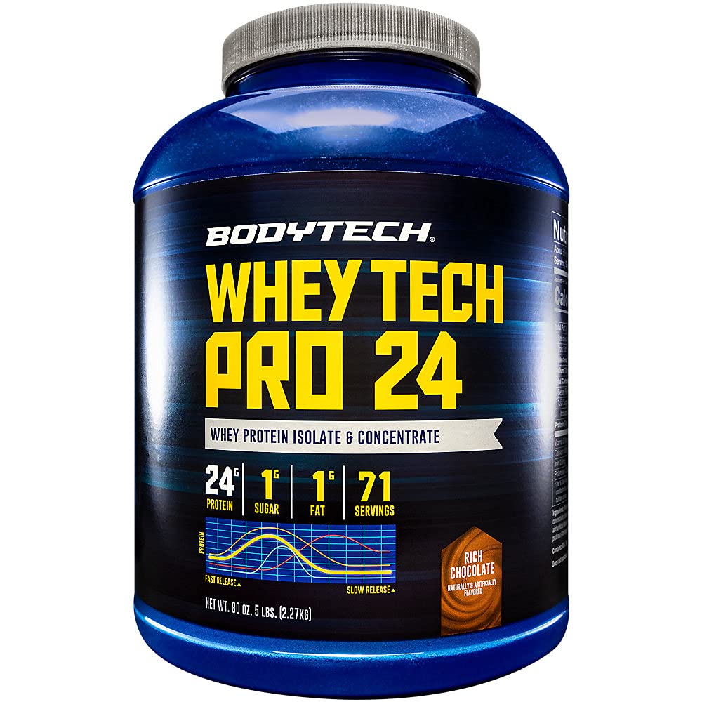BODYTECH Whey Tech Pro24 Protein Powder - Rich Chocolate Flavor lihasten kasvua ja hyödyntämistä, tarjota 24g proteiinia per tarjoilu optimaalinen kunto ja suorituskyky (5 lbs / 71 Servings)