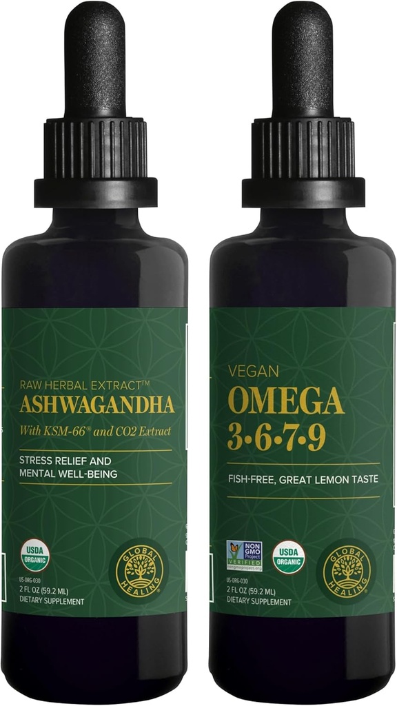 Global Healing Center Ashwagandha & Omega 3 6 7 9 Kit - Auttaa hermostuneisuutta, aivojen terveyttä, sydämen terveyttä ja silmien terveyttä