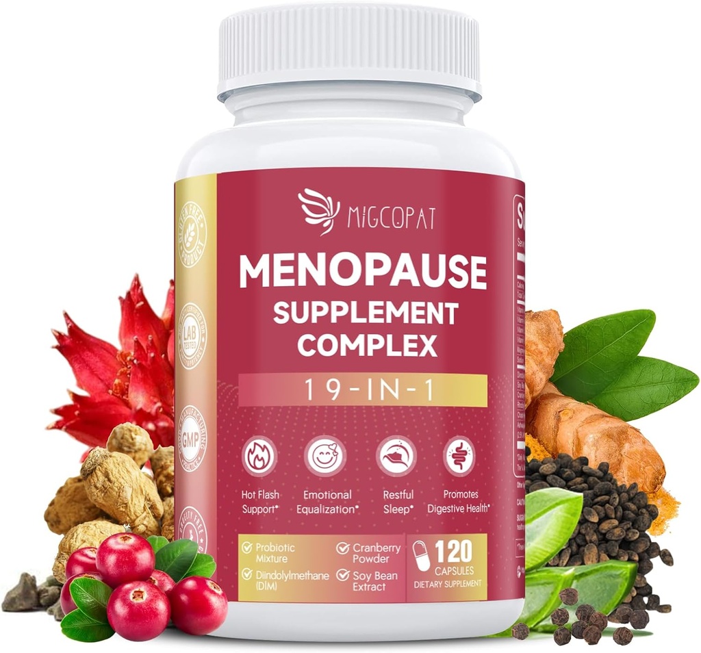 Vaihdevuodet lisäravinteet naisille, 10 miljardia PMY Probiootti, 19-in-1 Multivitamiini&Ashwagandha uute, DIM, Hormonaalinen tasapaino, Tuki Hot Flashs, Yöhiet, Mieliala, uni Vegaani, 120 kapselia