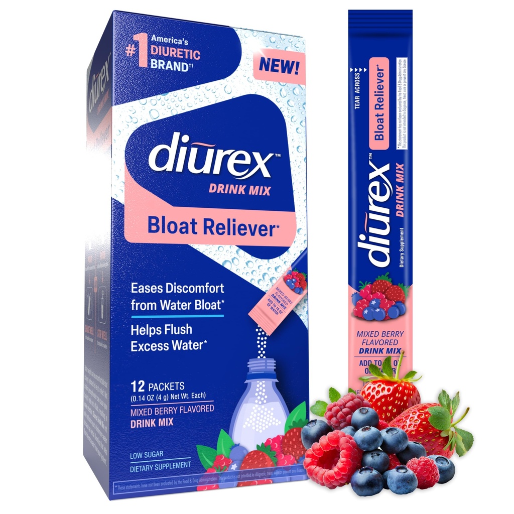 Diurex Drink Mix - Diuretic Supplement - Mixed Berry Flavor - Bloat Relief med Diurex Proprietary Bloat-Relieving Blend - Single Serve - 12 Pack
