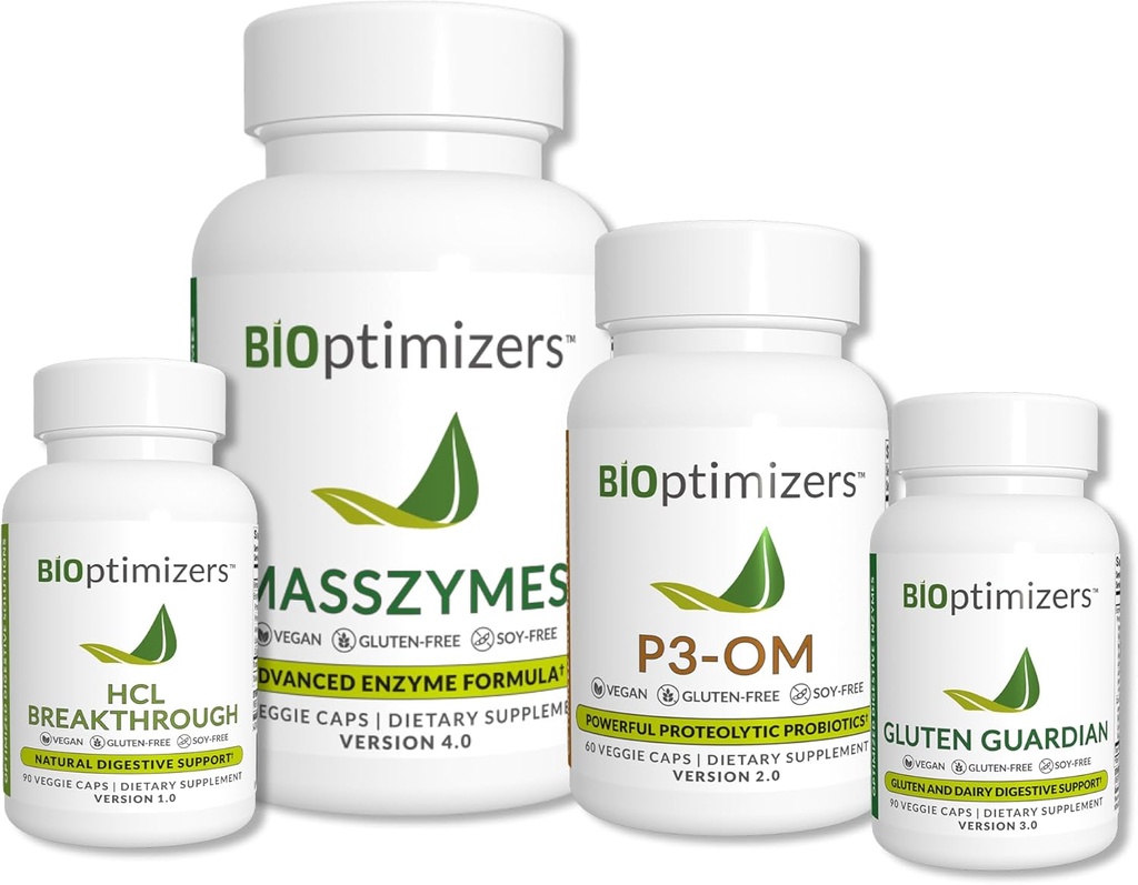 BiOptimizers - Essential Digestive Enzymes Bundle - P3-OM - Gluten Guardian - MassZymes - HCL Breakthrough - Doktor-Formulerad - 360 kapslar