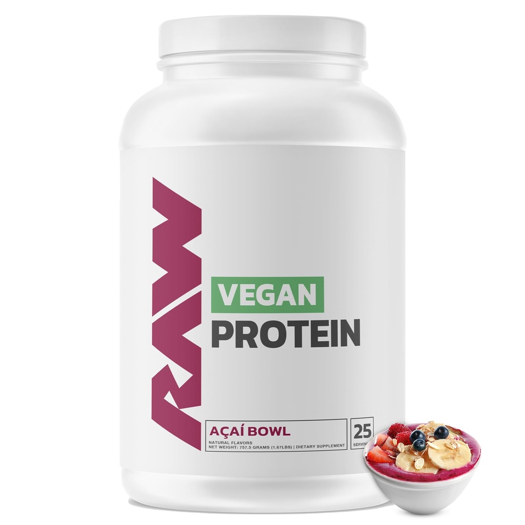 RAW Vegan Protein Powder, Acai Bowl - 20 g kasviperäistä proteiinijauhetta & linnoitettu vitamiineja lihasten kasvua ja elpymistä varten - alhainen rasva, alhainen karb, luonnollisesti maustettu ja makeutettu - 25 tarjoilua
