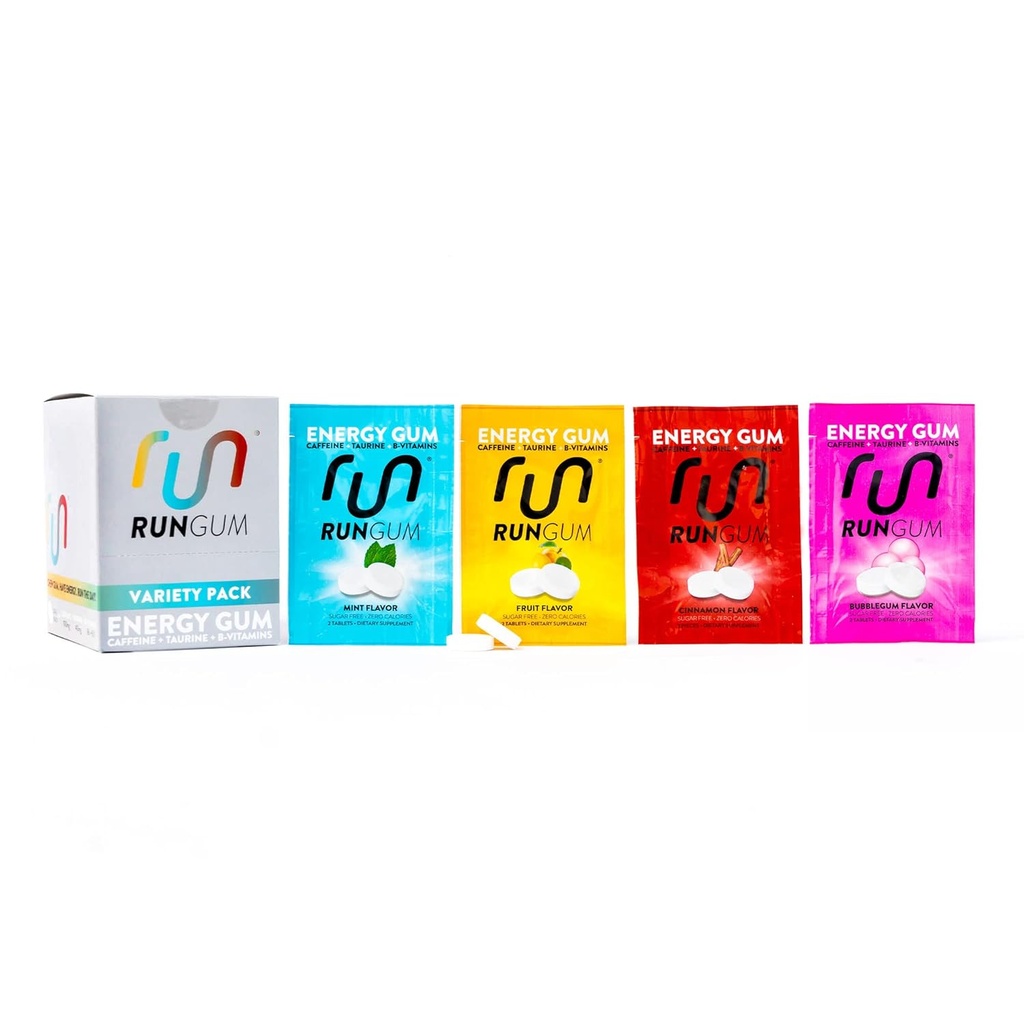 RUN GUM Variety PackEnergy Chewing Gum 50mg Caffeine Taurine & B-Vitamins Per Piece, 24 Pieces (Pack of 12) Sugar Free, Zero Calorie, No Aspartame och Gluten Free