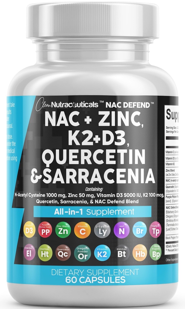 NAC Supplement N-Acetyl Cysteine Vitamin D3 K2 Zink Quercetin Sarracenia Purpurea Immune Support | Elderberry Holy Basil Bee Propolis Bromelain L-Lysine Capsules Supplements For Women Men Adults