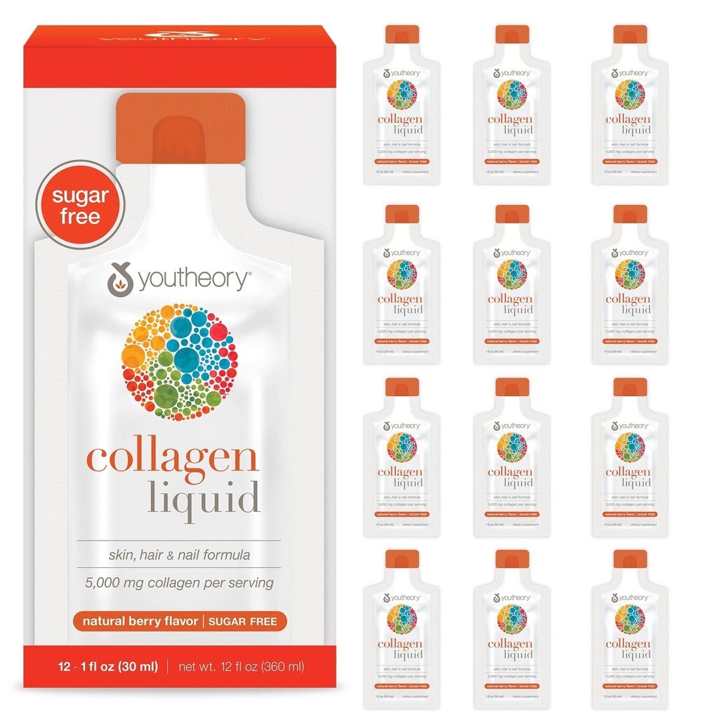 Youtheory Collagen Liquid - 5,000 mg - hiusten kasvuun, ihon ja kynsien* - Tukee Joint, Bone & Lihasterveys* - kanssa Aminohapot - Berry Flavor - 12 Single tarjoilu Packets (12 päivän toimitus)