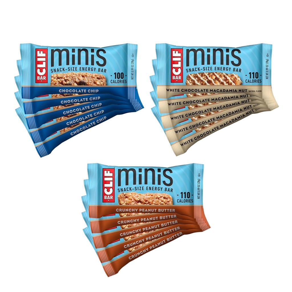 CLIF BAR Minis - Variety Pack - Valmistettu luomukaura - 4-5g Proteiini - Ei-GMO - Kasvipohjainen - Välipala-koko energiapatukat - 0,99 oz. (30 Count)