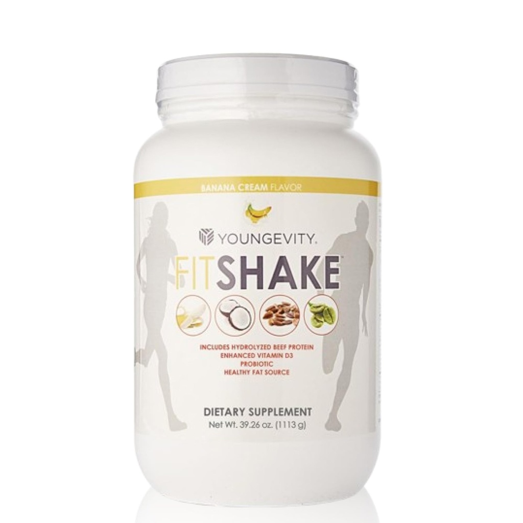 Youngevity FitShakeTM Banana Cream | 20g Gut-Friendly Protein | Electrolytes, Minerals, Collagen, Gelatin, Vitamin D, Probiotika och mer | 30 portioner - 2,4 lbs