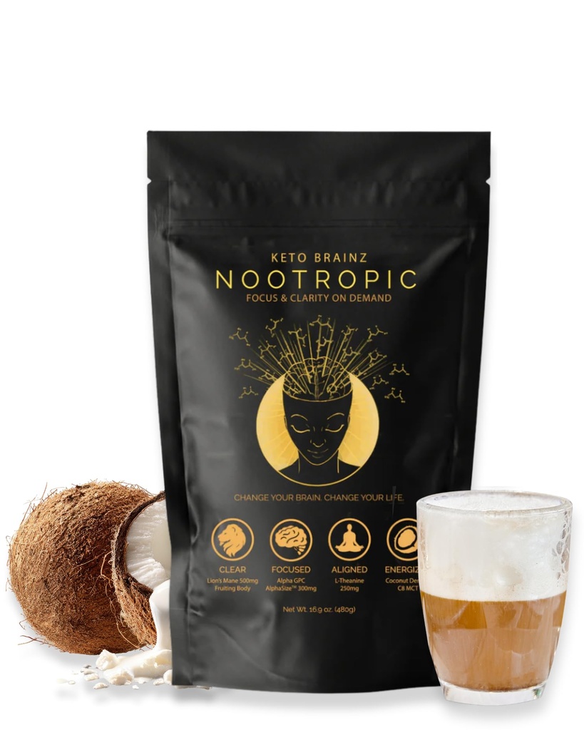 Keto Brainz C8MCT Based Nootropic - 500mg Leijonan mane-sieni, AlphaGPC & L-Theanine Tämä on lopullinen helppo käyttää nootrooppinen pino & tekee herkullista sieni kahvia! 16oz. 30 Palvelijat
