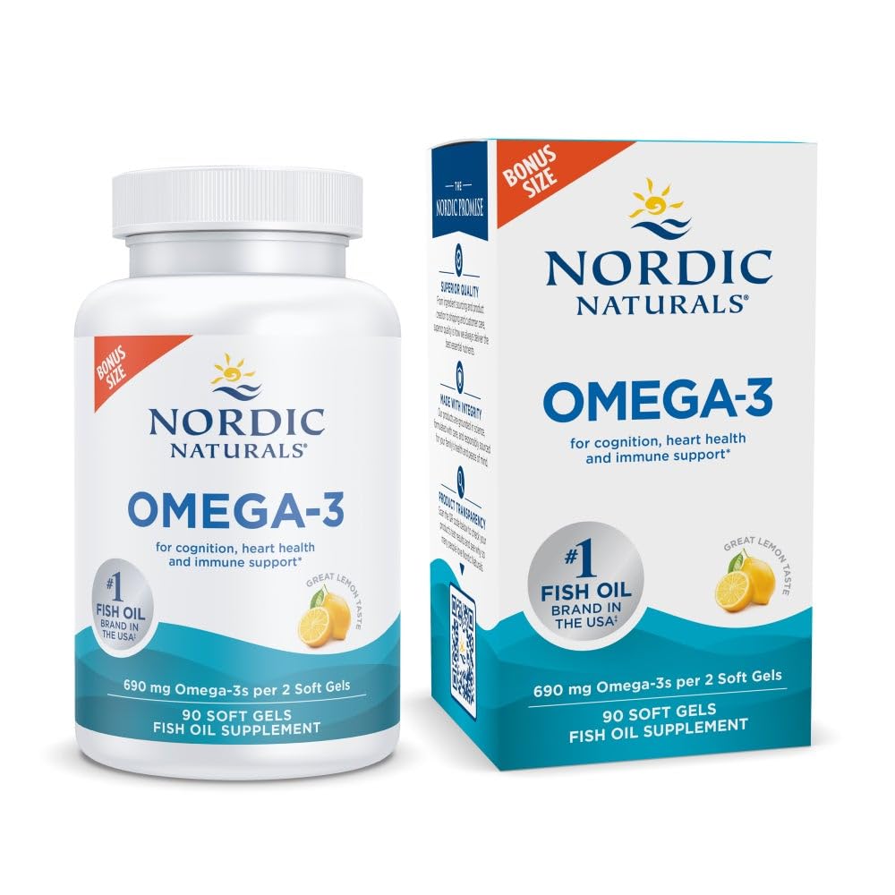 Nordic Naturals Omega-3, Lemon Flavor - 90 Soft Gels - 690 mg Omega-3 - Fish Oil - EPA & DHA - Immuunituki, aivojen ja sydämen terveys, optimaalinen hyvinvointi - ei-GMO - 45 Servings