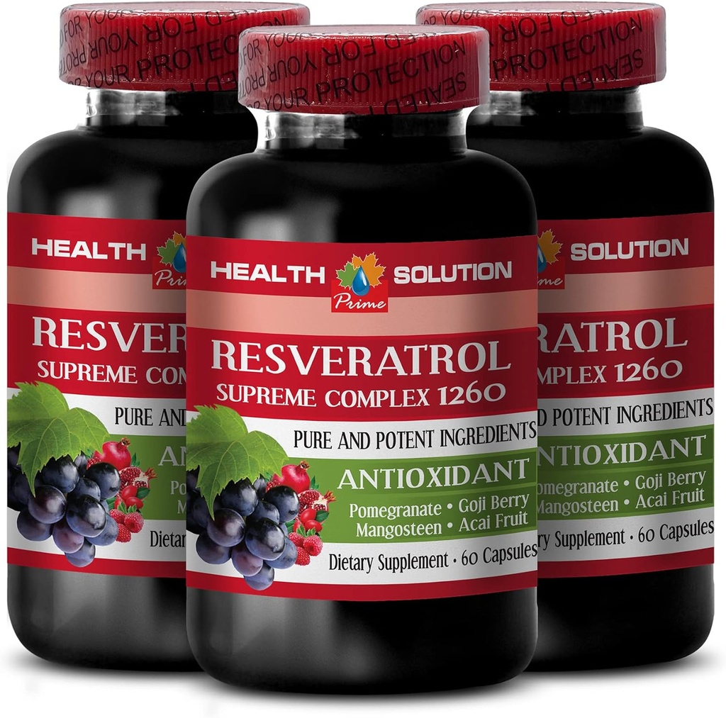 Vahvista luonnollinen kestävyys - RESVERATROL SUPREME COMPLEX - Resveratrol Extract Goji Berry, Acai, Noni, Granaattiomena, Mangostani, Superhedelmät Blend, Antioksidantti, Immuunituki, 3 Bot 180 Caps