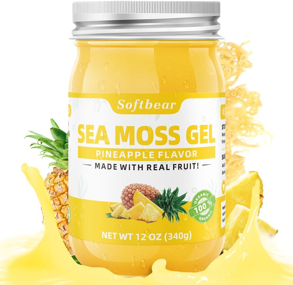 softbear Sea Moss Gel Ananas Flavored 12 OZ - Wildcrafted Irish Sea Moss Gel Organic Raw 92 Mineraalit ja vitamiinit ei-GMO Gluteenittomat Vegaani täydentää Immuuni Kilpirauhasen digestiivinen tuki