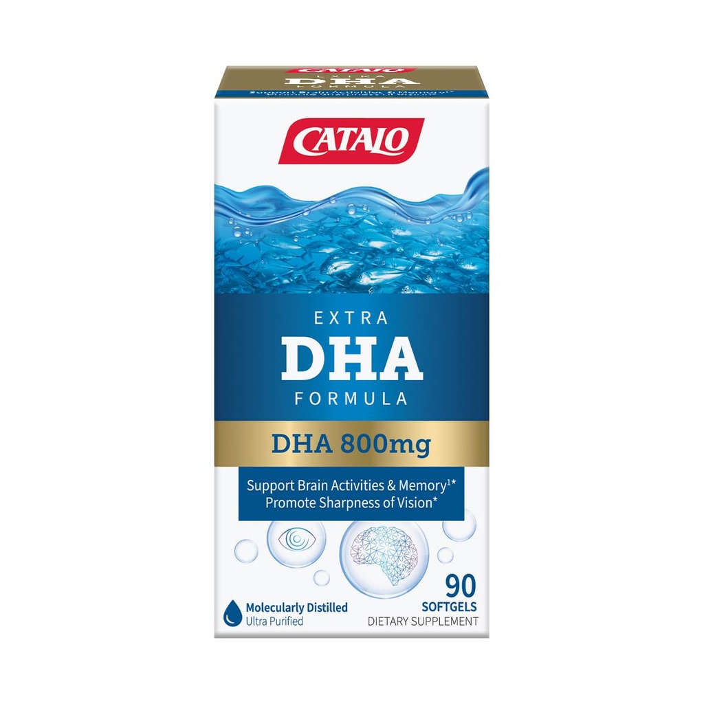 CATALO Extra DHA Formel, 800mg DHA per portion, Ocean Fish Oil Softgels med naturlig citron smak, avancerad molekylär destillation, lätt att svälja, inga konstgjorda färger och konserveringsmedel - 90 Softgels