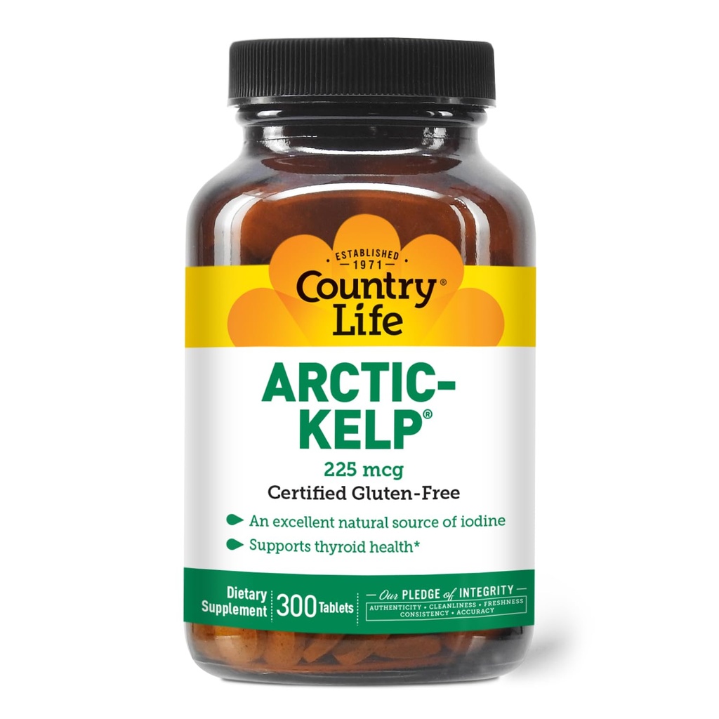 Country Life Arctic-Kelp - Naturjodtillskott för sköldkörtel och immunstöd - Vegan, Glutenfri, 225 mcg - Perfekt för sköldkörtelhälsa, Hypothyroidism och Adrenal Support, 300 tabletter