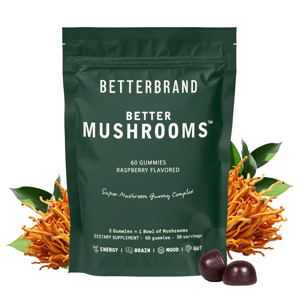 Betterbrand BetterMushrooms Nootrophic Gummies - Tukee parempaa Gut Health, Kognitiivinen toiminto, Mielen selvyys 10 Toiminnallisia sieniä - 60 Gummies - Vadelma maku - Pakkaus 1