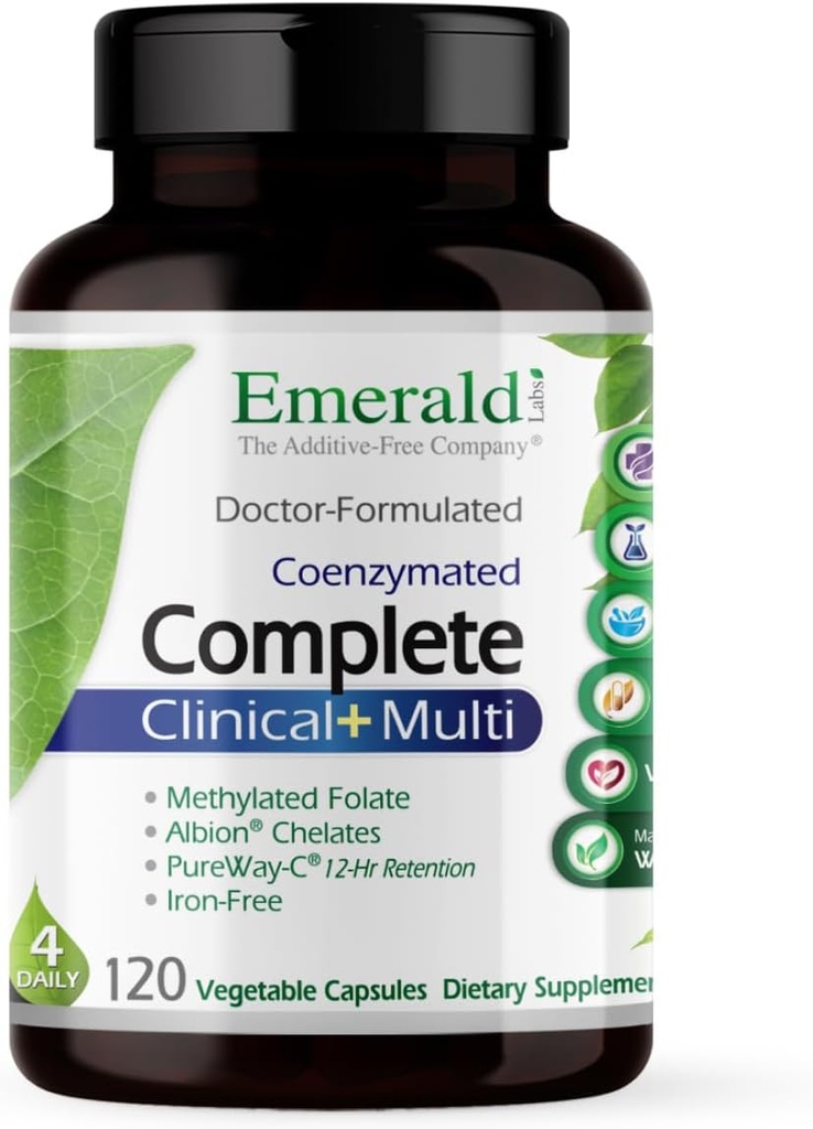 EMERALD LABS Complete Clinical Multi - Multivitamiini methylated Folate, D3-vitamiini, Divegestive Enzymes & More for Gut Health, Immunosupport & More* - 120 Vihanneskapselit (30-päivä tarjonta)
