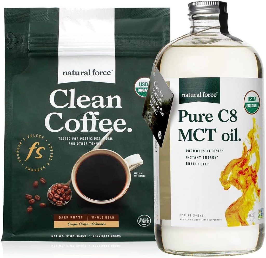 Luonnonvoima Tumma paahto Clean Coffee + Organic Pure C8 MCT öljy Bundle 100% C8 MCTs & Mold & Mycotoxine Free Coffee 