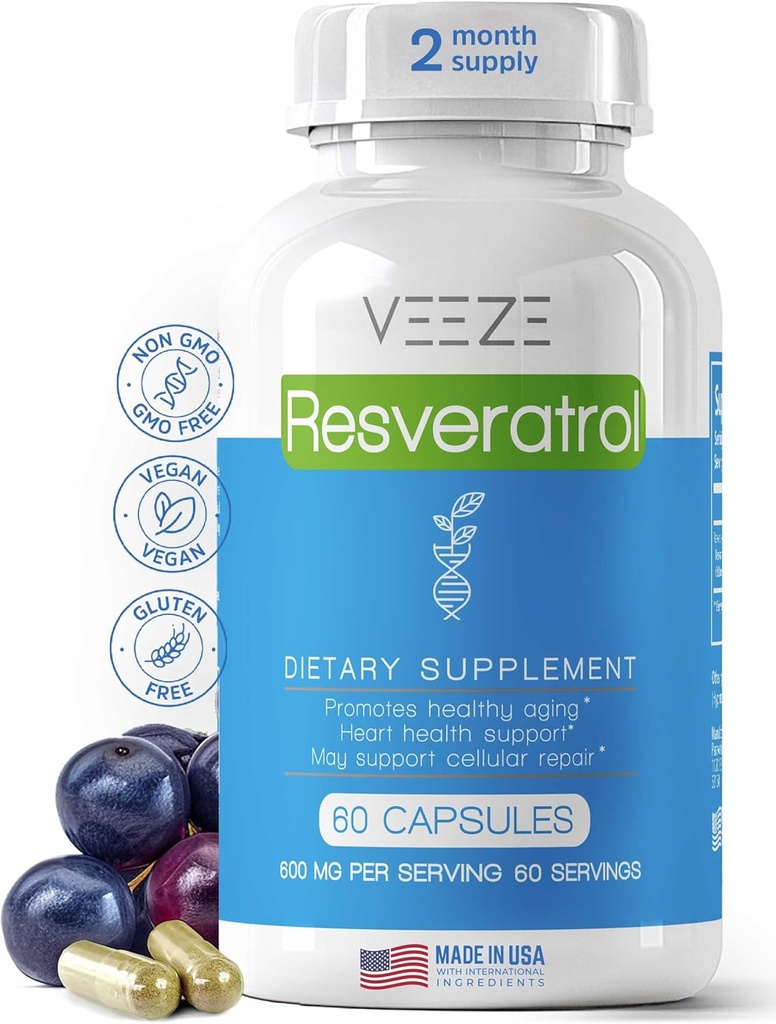 VEEZE Resveratrol Supplement 600mg 60 Capsules & 60 Servings - Tillverkad i USA Natural & Organic Resveratrol - Rik i Antioxidanter & Trans Resveratrol för välbefinnande Support - Premium Organic Resveratrol