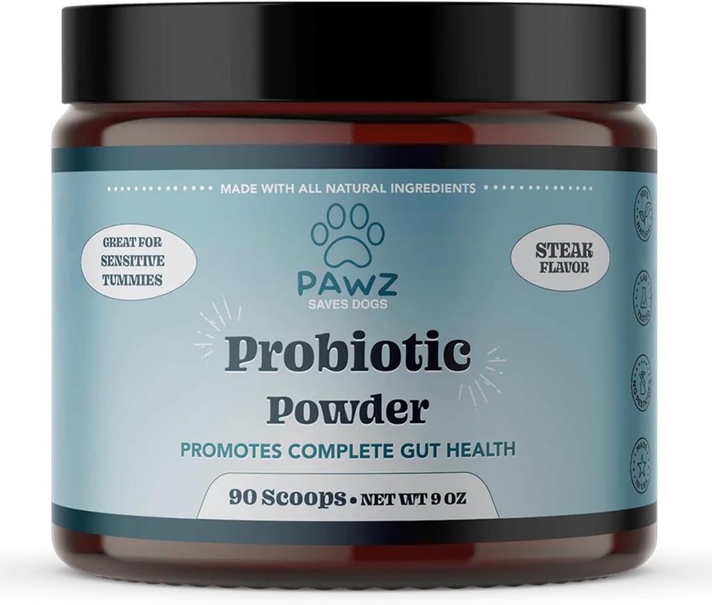 PAWZ Probiootti jauhe koirille - 90 Scoops Steak Flavor - edistää Gut Health and Digestion - Probiootit täydentää tukea Immuunijärjestelmä & iho ja takki terveys - Sopii kaikille koiratyypeille