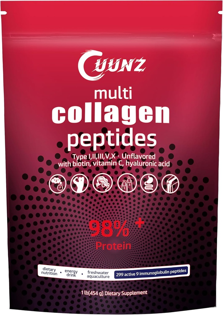 Multi Collagen Protein Powder - tyyppi I, II, III, V, X ja Biotiini, hyaluronihappo, C-vitamiini - makuamattomat kollageeni Peptides lisäravinteet(Multi Collagen Peptides 1lb)