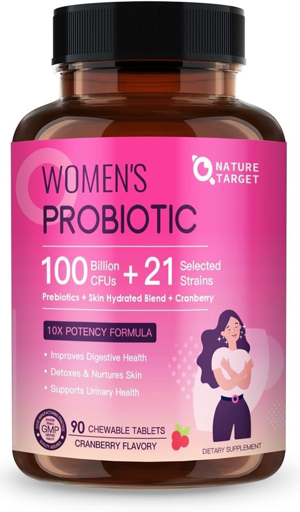 NATURAL TARGET Probiootit naisille Dgestive Health 100 miljardia PMY:tä, Naisten Probiootti Gut Health & Immuuni tuki, ihonhoito, karpalo & D-mannoosi, 90 purutabletit (45 päivän toimitus)