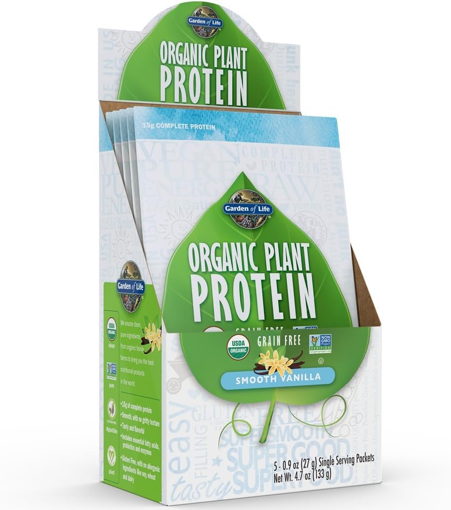 Puutarha Life Organic Plant Protein Smooth Vanilla Powder - Single Tarjoilu Packets (5-Pack) - Vegaani, Grain Free & Gluteeniton kasvipohjainen proteiini Ravista 1B PMY Probiootteja ja entsyymejä, 15g proteiinia