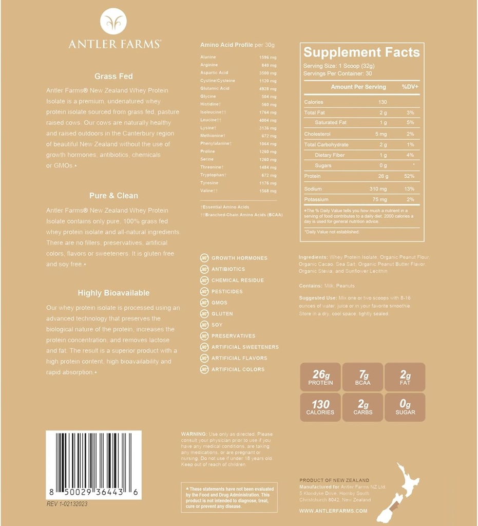 Antler Farms - 100% Grass Fed Uusi-Seelanti Whey Protein Isolate, Peanut Butter Chocolate Flavor, 2 lbs - Puhdas ja puhdas, 7 Ainesosat, Kylmä käsitelty