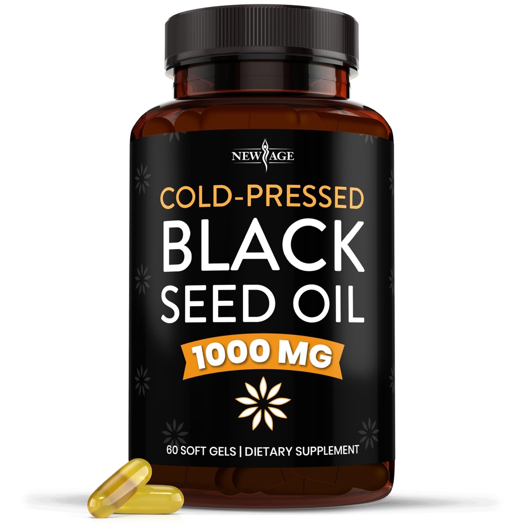 NEW AGE Musta siemenöljy Softgel Kapselit - Premium Kylmäpainettu Nigella Sativa tuottaa puhdasta mustaa Cumin Seed Oil - ei-GMO & kasvissyöjä (60 Softgels)