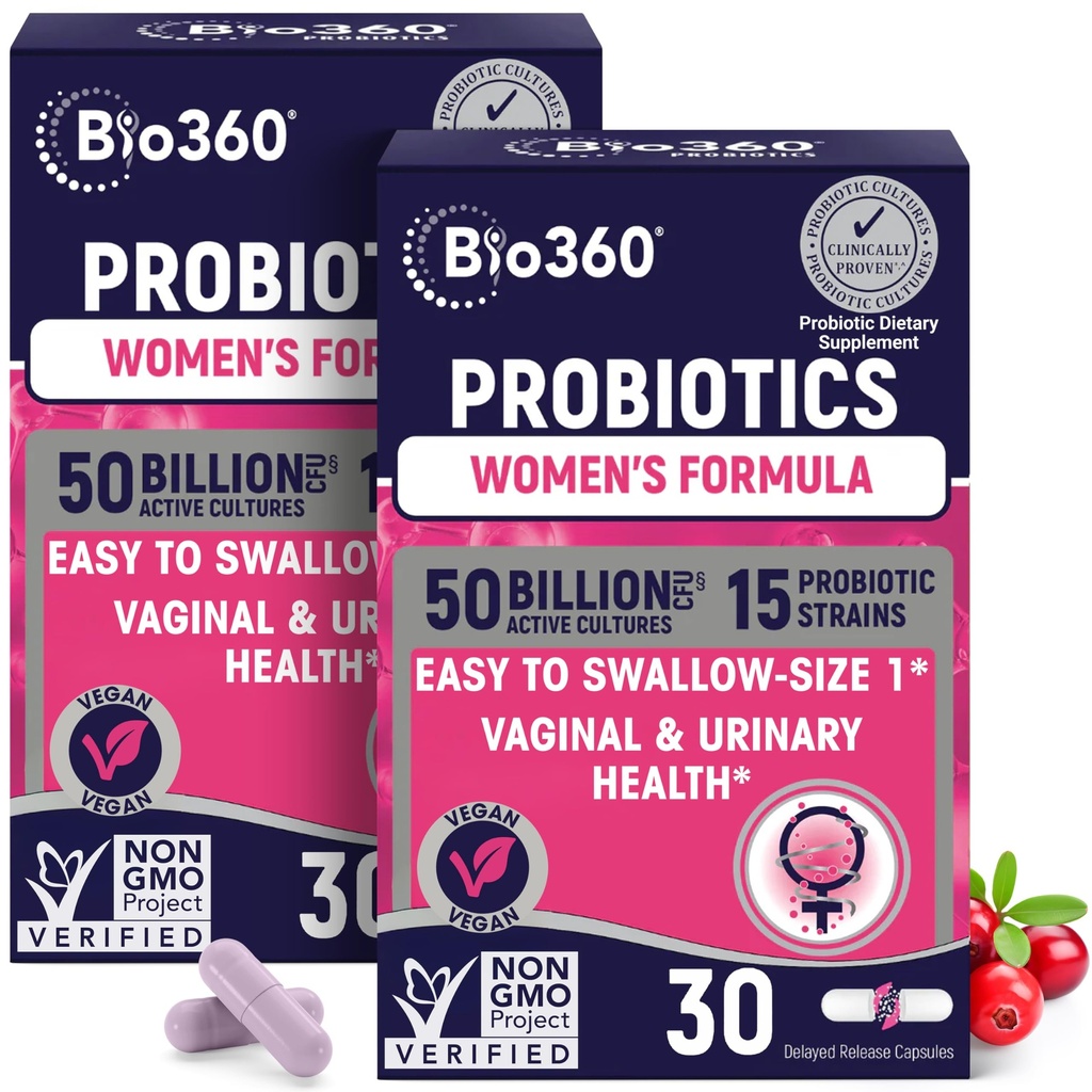 Bio360 Probiootit naisille Vaginigal Health - tukee pH Balance, emätin, virtsan, & Ruoansulatus - 50 miljardia PMY & 15 ainutlaatuinen kanta terveeseen emättimeen Odor & emättimeen Flora - Kestoaika