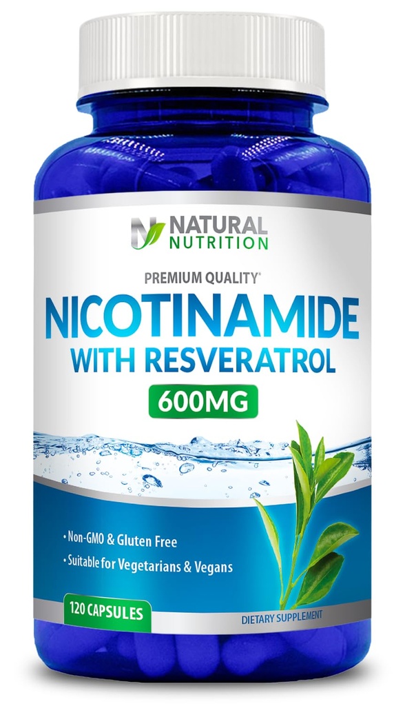 Generisk naturlig vitamin Nikotinamid med Resveratrol 600 mg (Vitamin B-3) 120 Veggie kapslar Gluten Free & Non-GMO