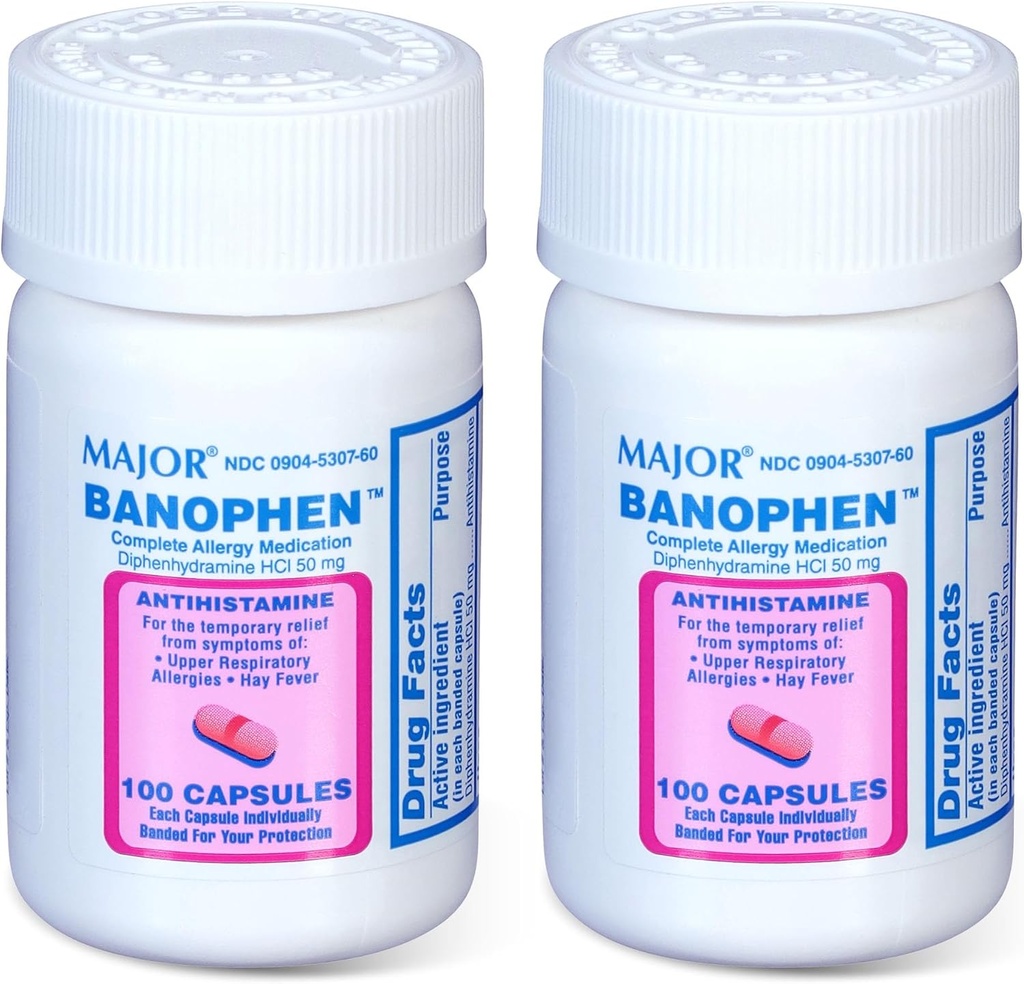MAJOR Banohpen - Fullständig allergimedicin - Difenhydramin HCI 50 mg - Antihistamin - 100 kapslar (2 Pack)
