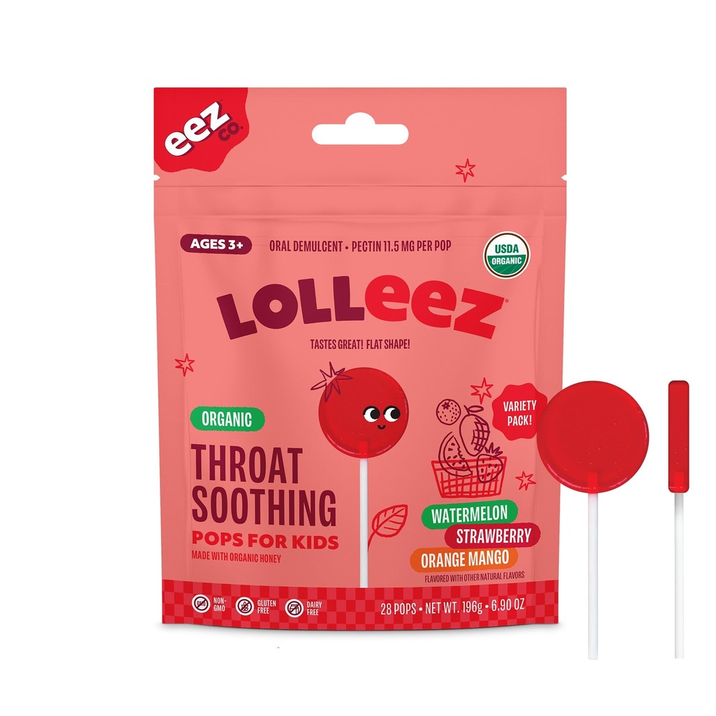 Lolleez Organic Lollipops för barn öm hals lindring, Variety Pack Perfekt för lugnande ont i halsen medan man smakar bra, jordgubbar, Watermelon & Orange Mango, 28 greve