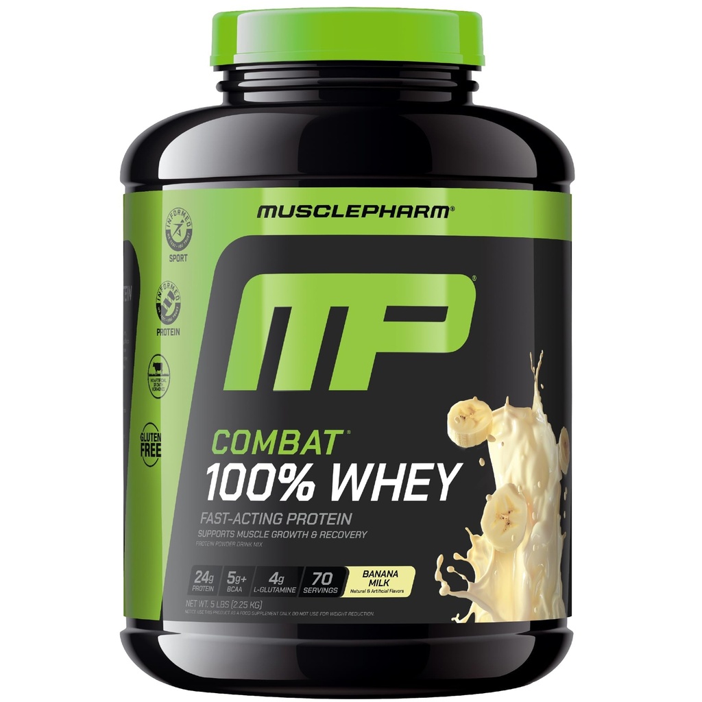 MusclePharm Combat 100% Whey Protein Powder, Banana Milk Flavor, Fast Recovery & Muscle Gain with Whey Protein Isolate, High Protein Powder for Women & Men, Gluteeniton, 5 lb, 70 tarjoilua