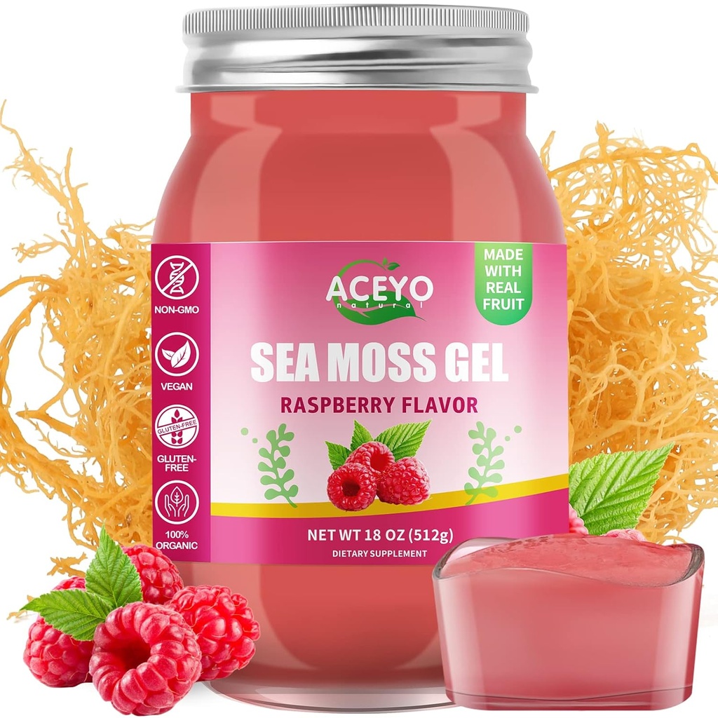 ACEYO (18 OZ) Irish Sea Moss Gel Organic Raw Vegaani Vadelma Maku 102 Vitamiinit ja mineraalit Wild Harvennettu ei-GMO Immuuni Defense Booster Kilpirauhasen Ruoansulatustuki