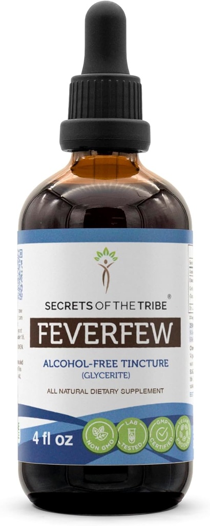 Secrets of the Tribe Feverfew Tincture Alcohol-Free Liquid Extract, Feverfew (Tanacetum Parthenium) Torkade Herb (4 FL OZ)