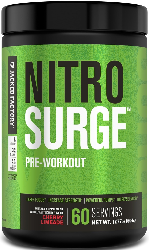 Jacked Factory NITROSURGE Pre harjoitus täydentää - loputon energia, pikavoimaa voitot, selkeä tarkennus, Intense Pumput - NO Booster & Tehokas Preworkout Energy Powder - 60 tarjoiluja, Cherry Limeade