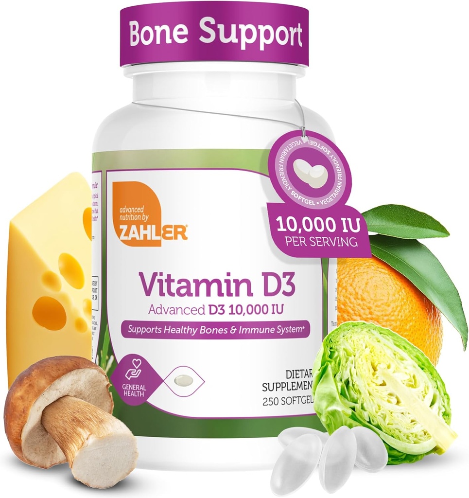 Zahler - Advanced D3-vitamiini 10 000 IU Softgels (250 kreivi) Kosher Kasvissyöjä Friendly D-vitamiinia immuuni-, luu-, hampaiden ja lihasten terveys - Easy Swallow VIT D 3